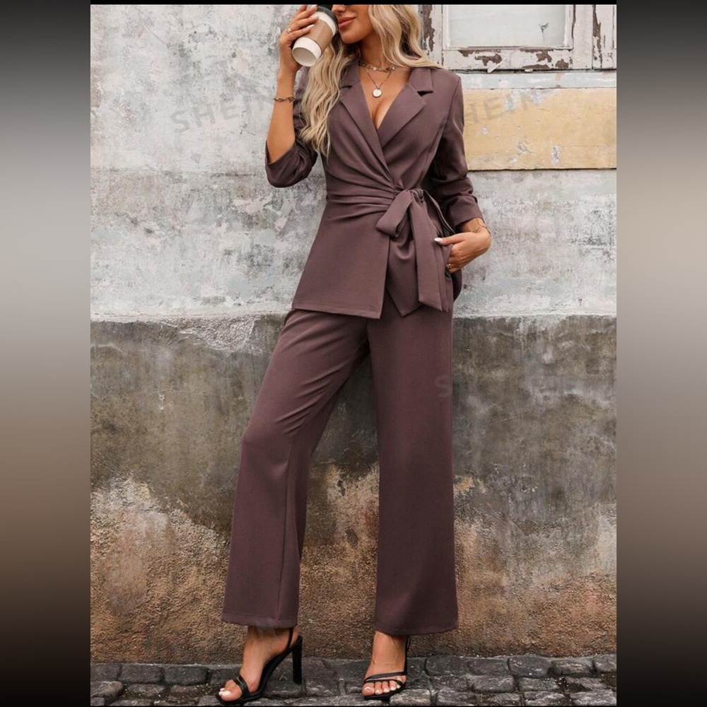 Clasi Lapel Neck Knot Side Blazer & Wide Leg Pants